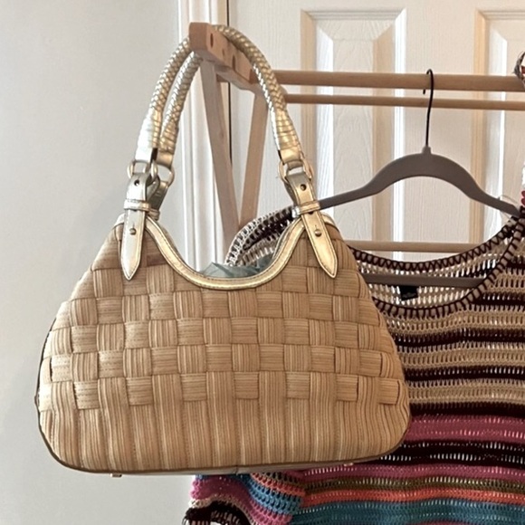 Cole Hahn Genevieve Weave Handles XL Canvas Gold leather triangle Tote Hobo